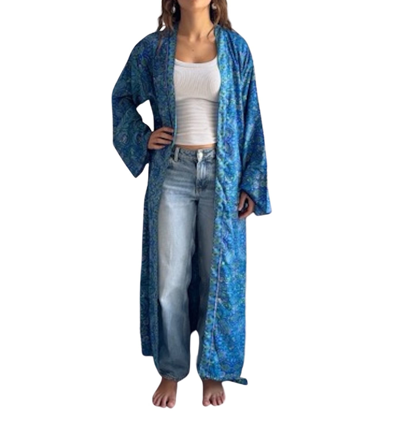 Kimono corto de seda india estampado azul– comercio ético