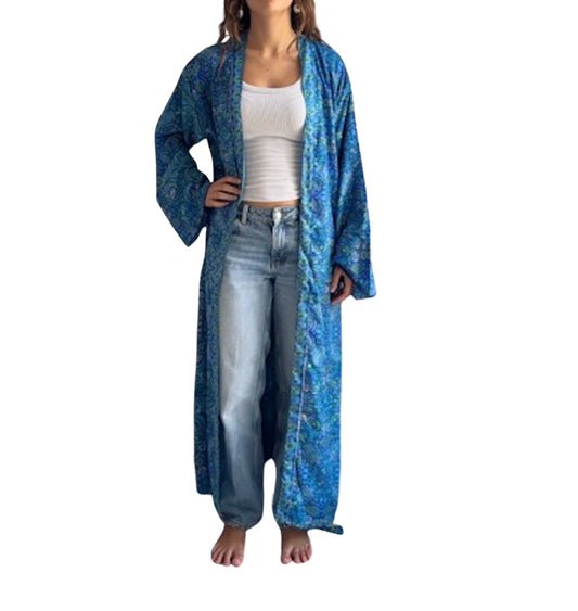 Kimono corto de seda india estampado azul– comercio ético