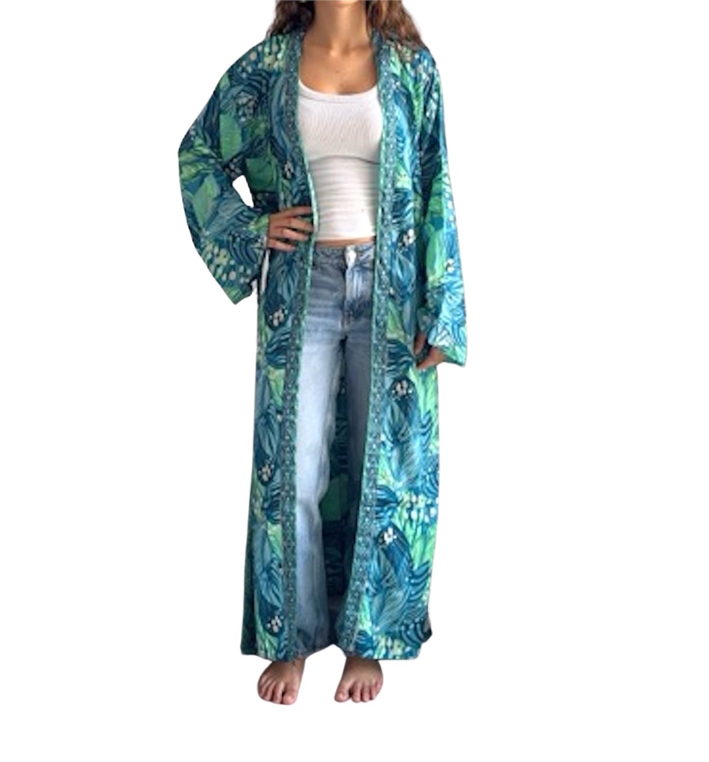 Kimono de seda india estampado azul, verde y dorado– comercio ético