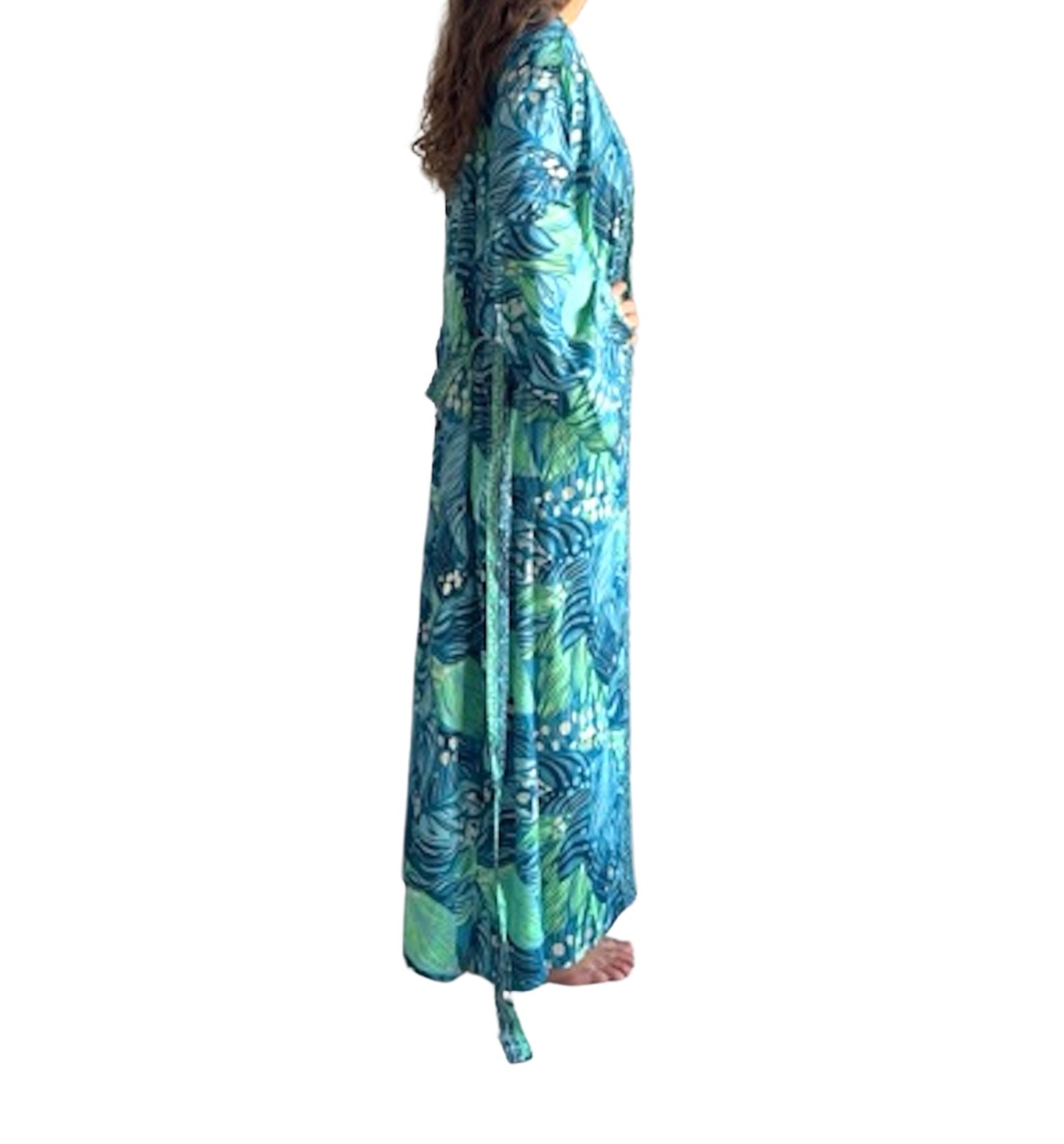 Kimono de seda india estampado azul, verde y dorado– comercio ético