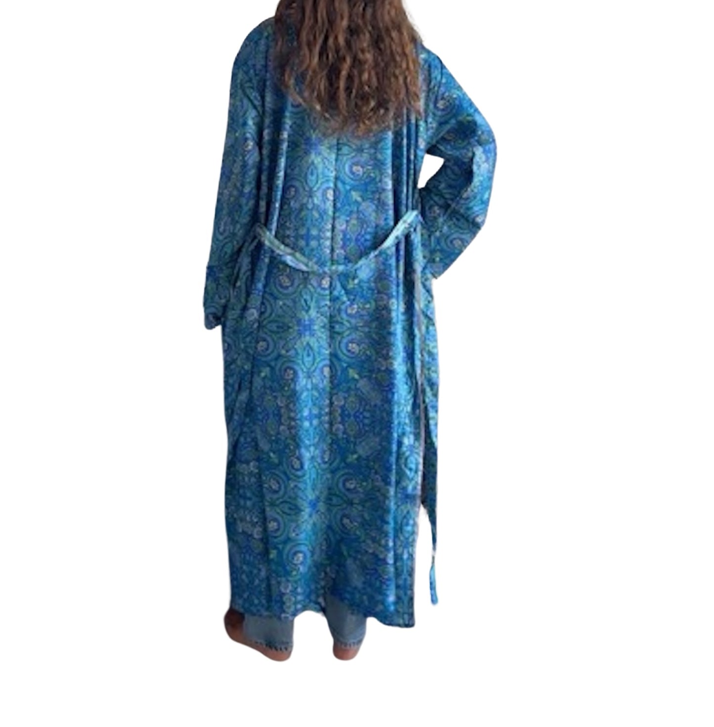 Kimono corto de seda india estampado azul– comercio ético