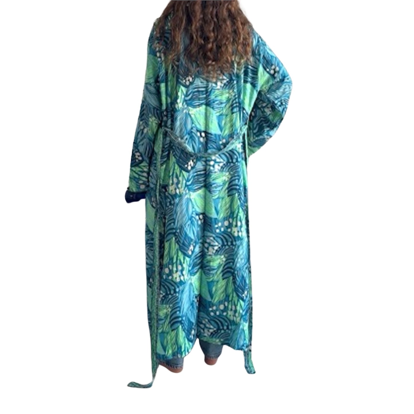 Kimono de seda india estampado azul, verde y dorado– comercio ético