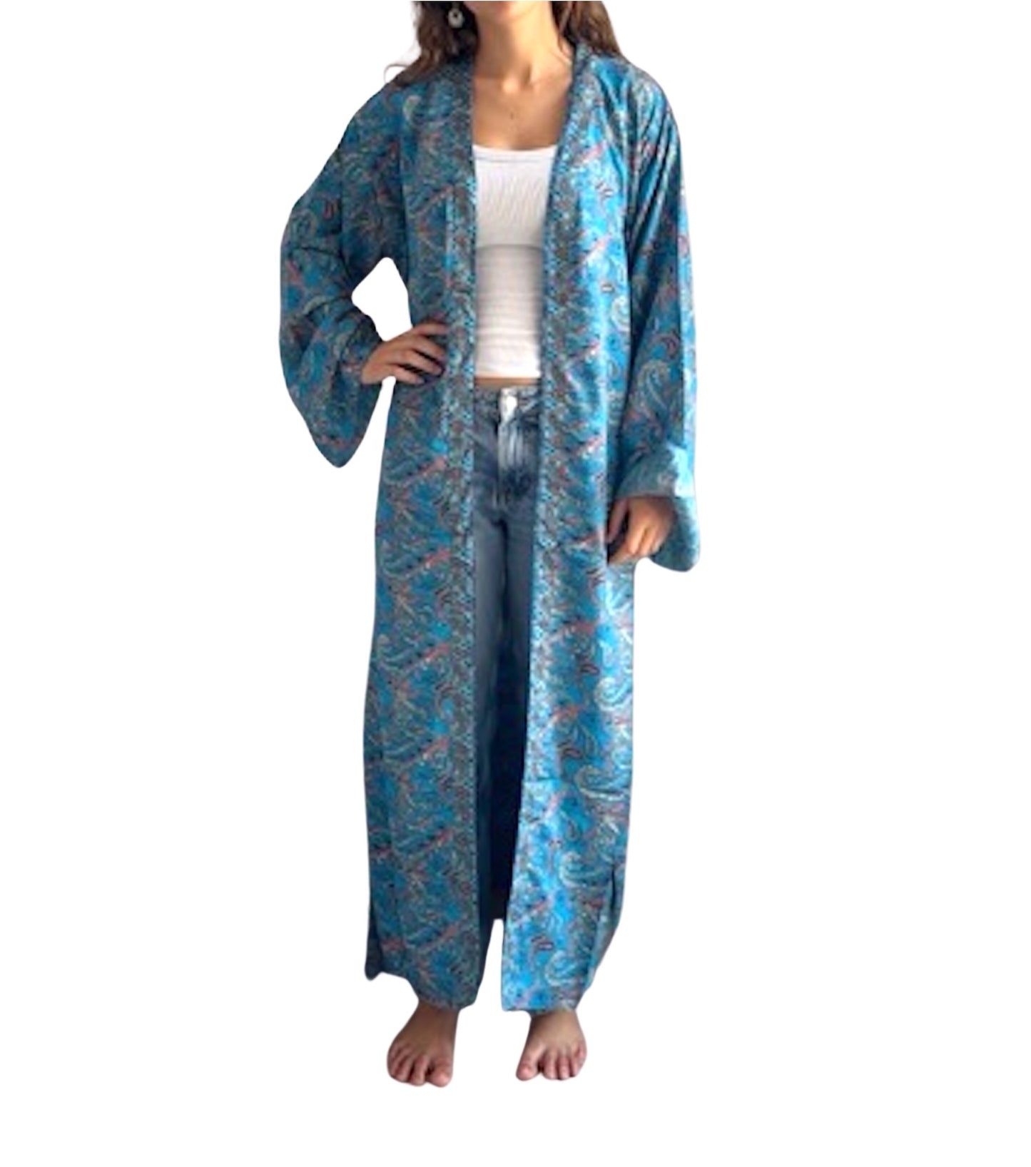 Kimono de seda india estampado azul – comercio ético