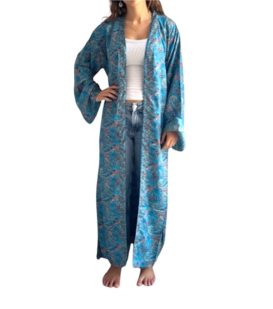 Kimono de seda india estampado azul – comercio ético