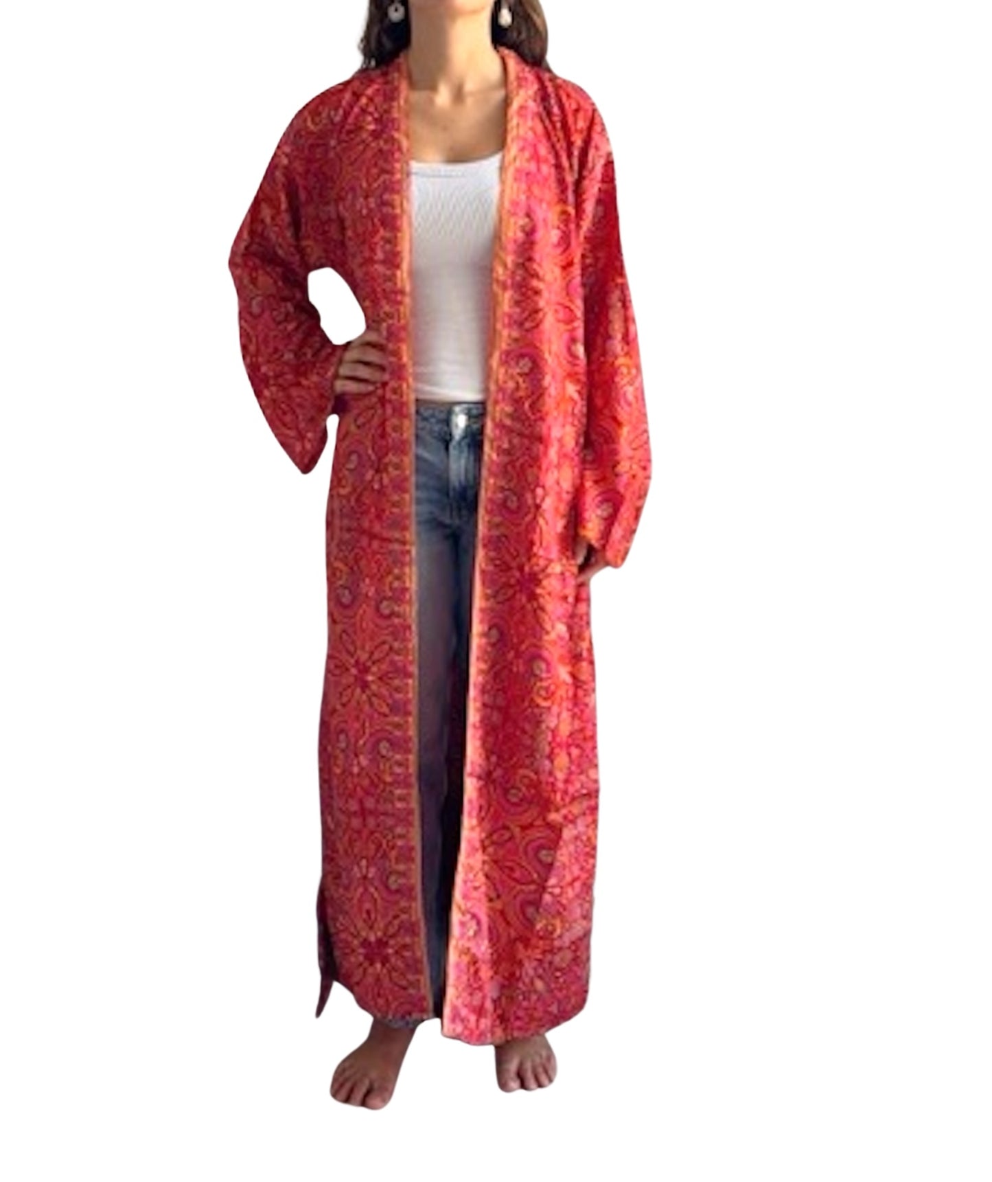 Kimono corto de seda india estampado ROJO– comercio ético