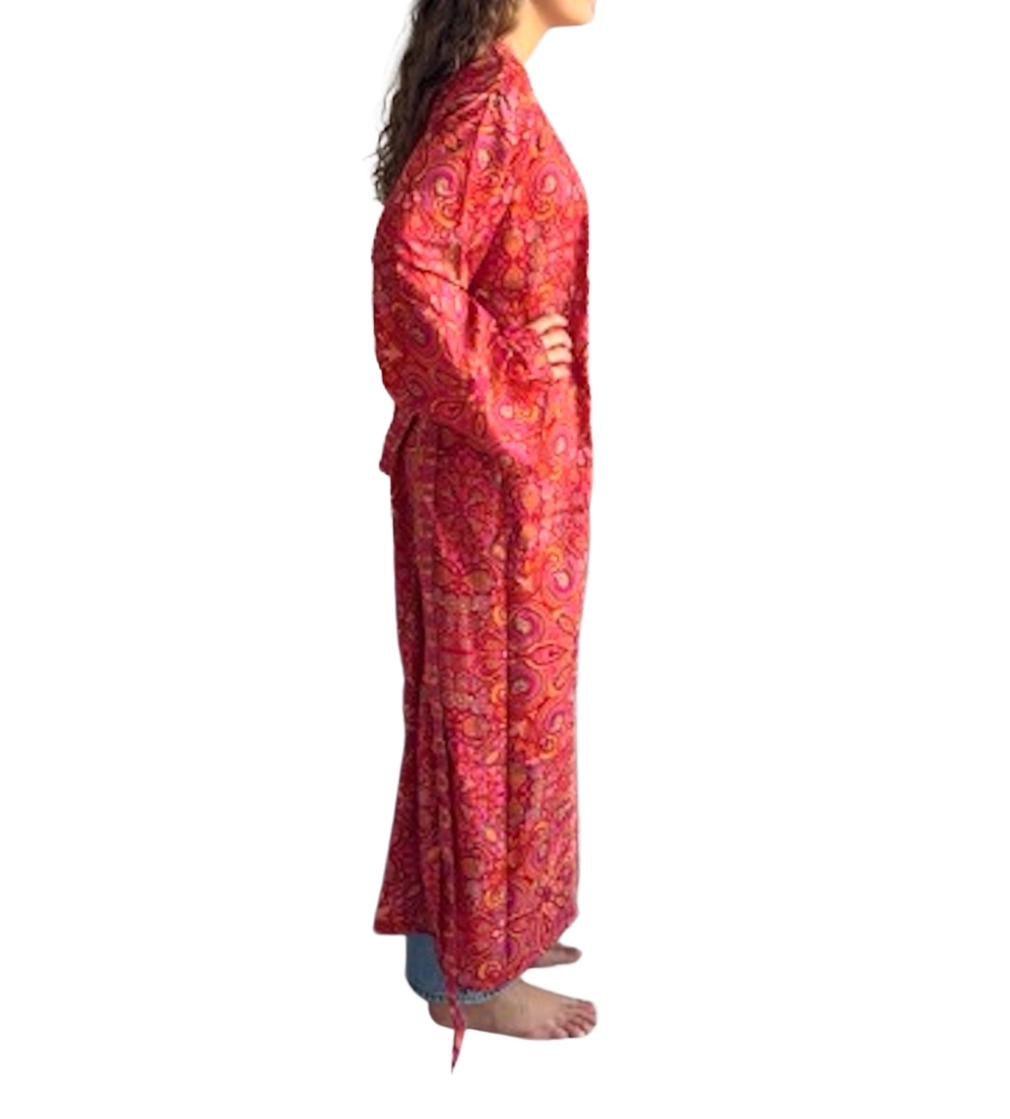 Kimono corto de seda india estampado ROJO– comercio ético