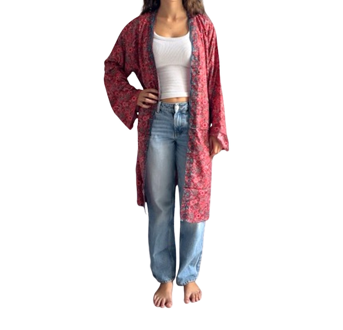 Kimono de seda india estampado rojo coral