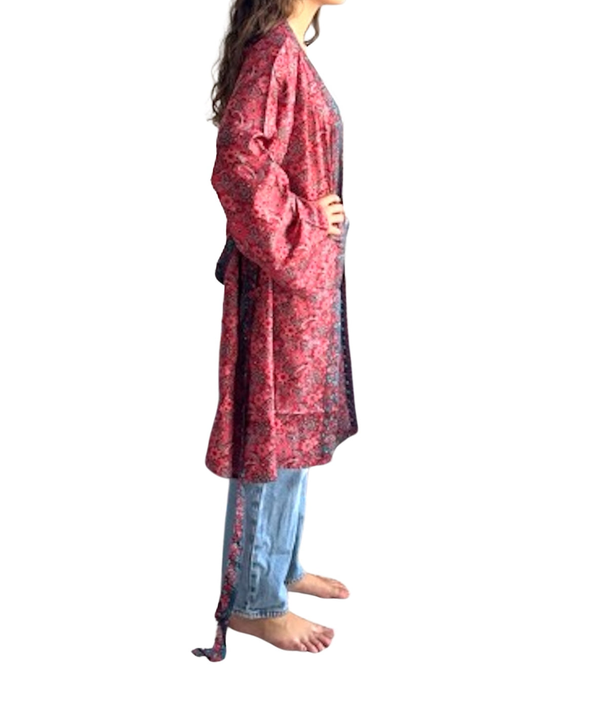 Kimono de seda india estampado rojo coral
