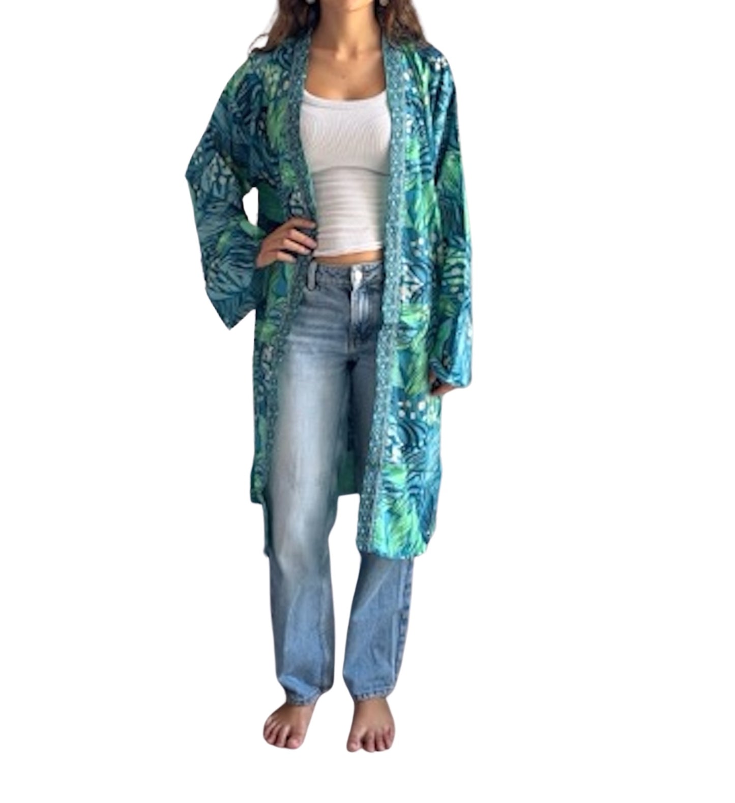Kimono de seda india estampado azul, verde y dorado– comercio ético
