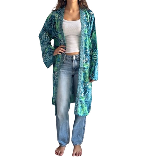 Kimono de seda india estampado azul, verde y dorado– comercio ético