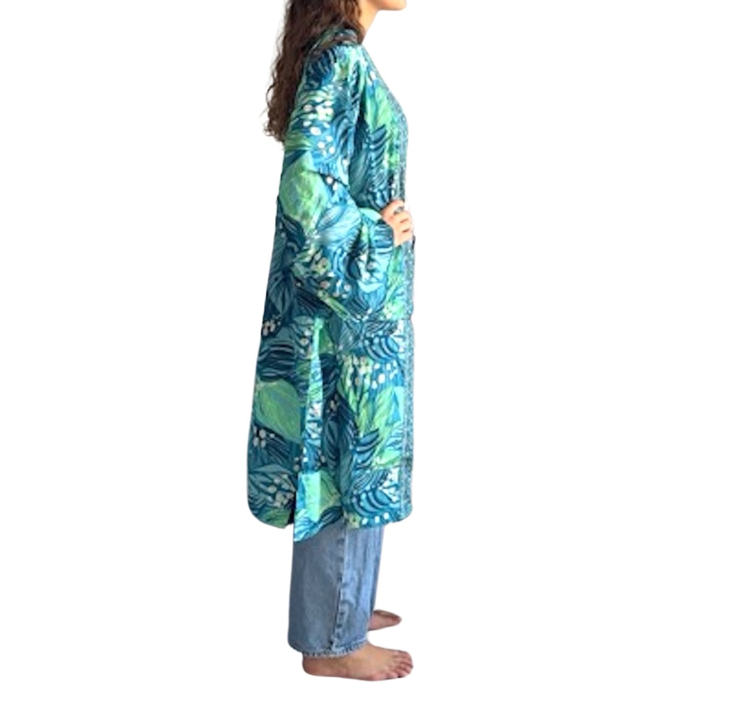 Kimono de seda india estampado azul, verde y dorado– comercio ético