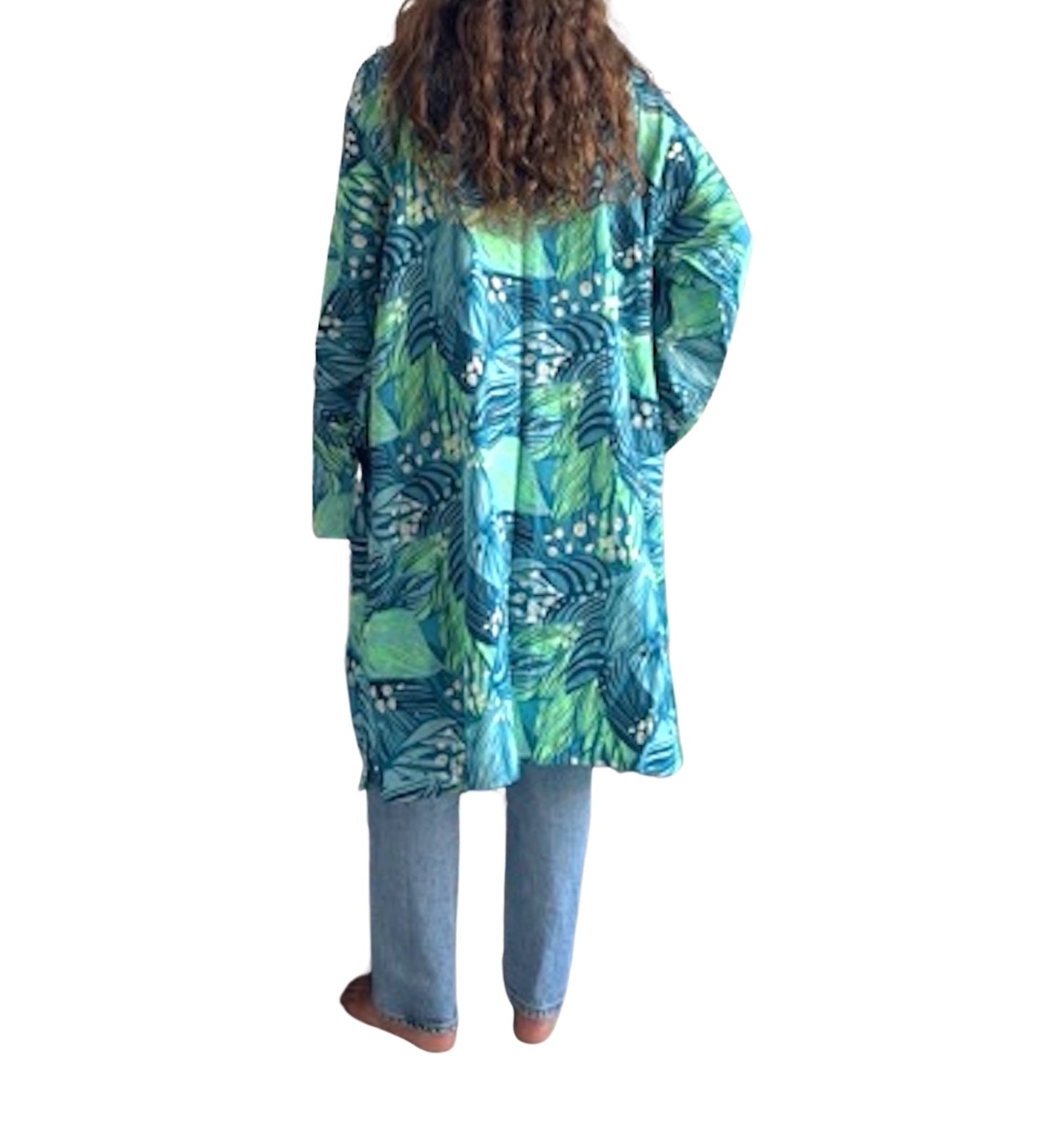 Kimono de seda india estampado azul, verde y dorado– comercio ético