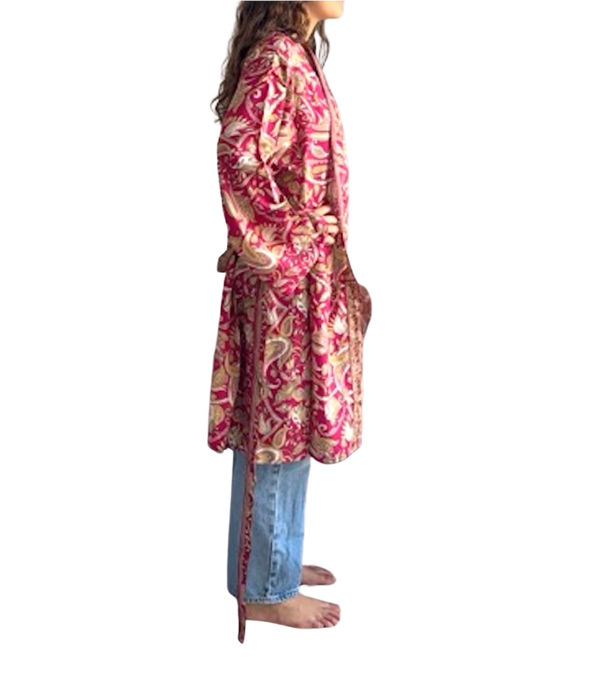Kimono de seda india estampado granate – comercio ético