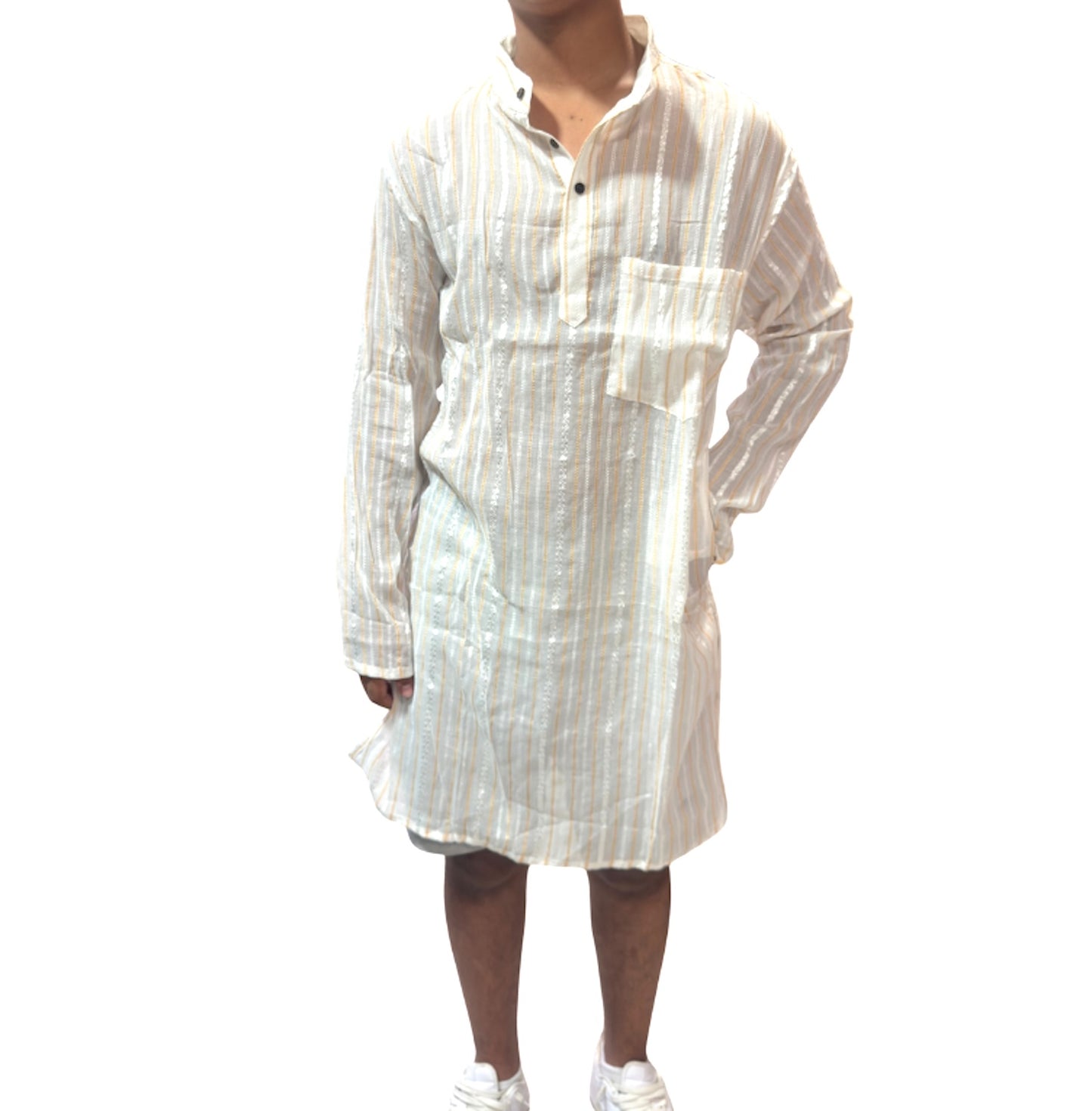 Kurta de Hombre de Algodón con Rayas en Oro Viejo