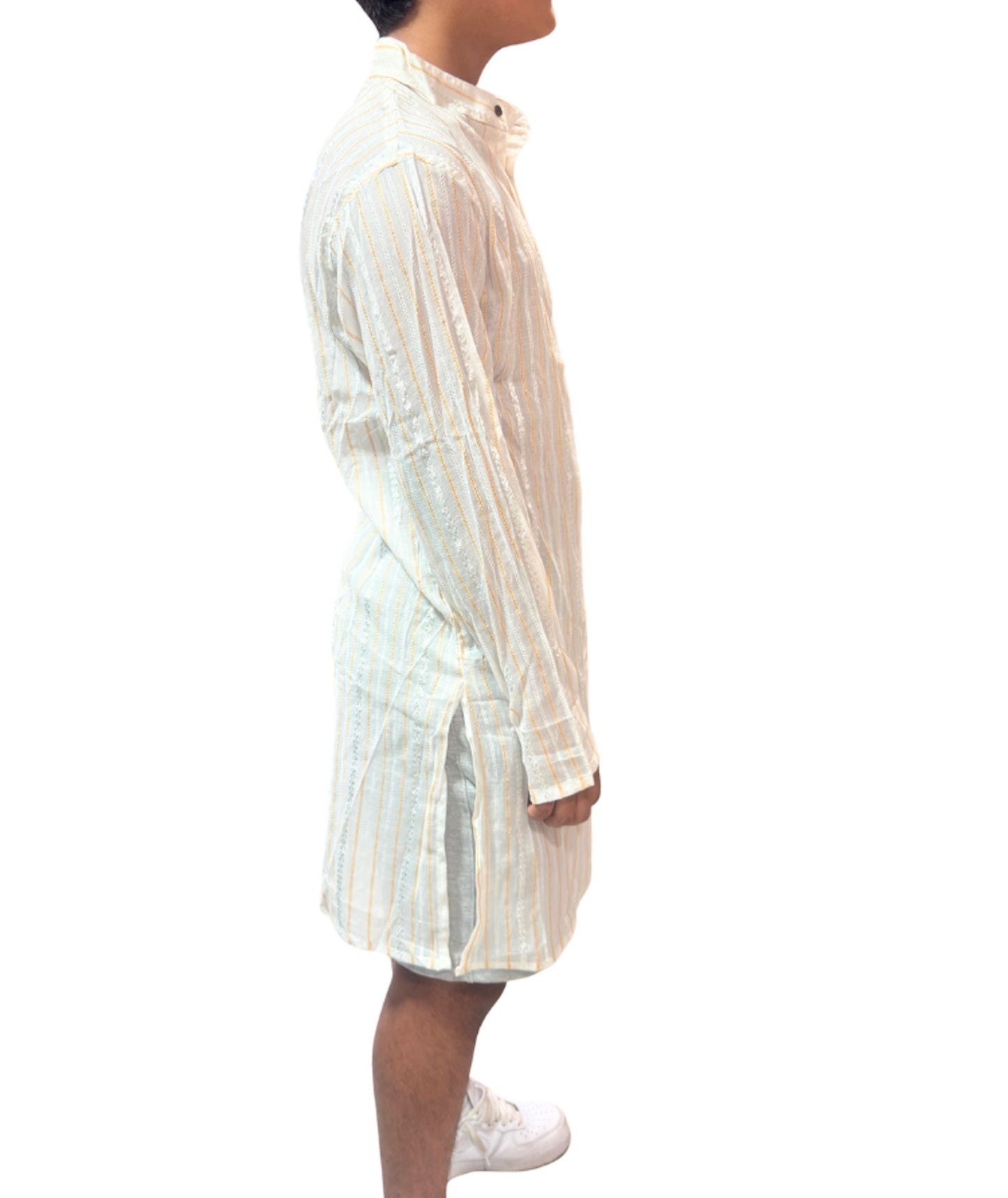 Kurta de Hombre de Algodón con Rayas en Oro Viejo