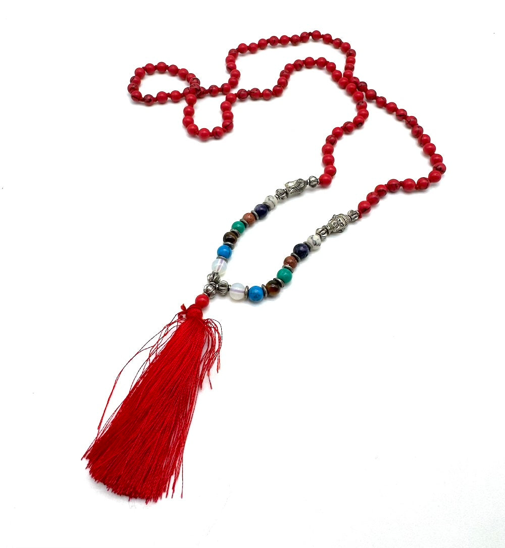 Mala de minerales naturales ÁGATA ROJA  y piedras 7 chakras con cabeza de buda