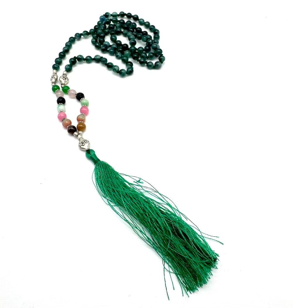 Mala de minerales de ÁGATA VERDE, minerales 7 chakras y adornos de metal plateado