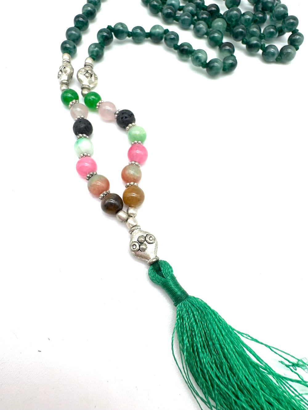 Mala de minerales de ÁGATA VERDE, minerales 7 chakras y adornos de metal plateado