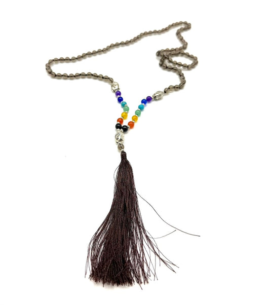 Mala de minerales naturales CUARZO AHUMADO y piedras 7 chakras con cabeza de Buda