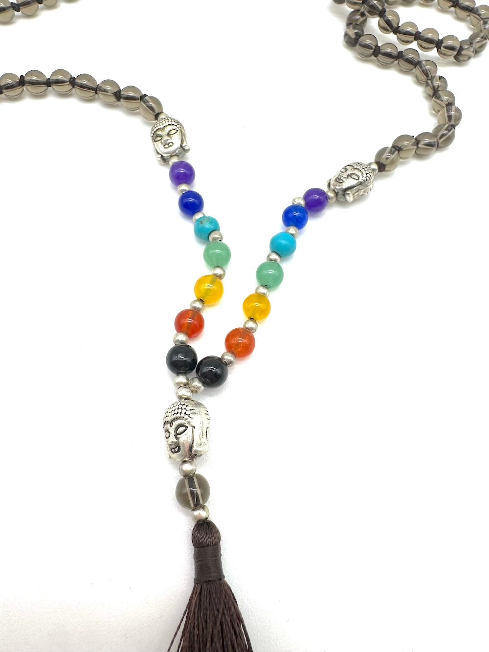 Mala de minerales naturales CUARZO AHUMADO y piedras 7 chakras con cabeza de Buda