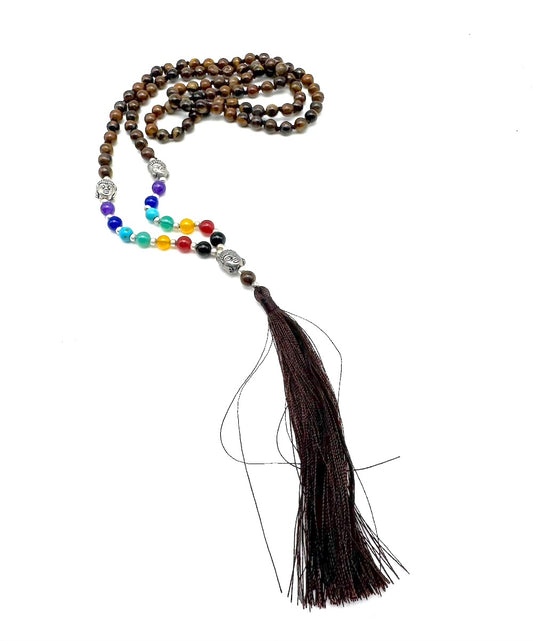 Mala de minerales naturales OJO DE TIGRE y piedras 7 chakras con cabeza de Buda