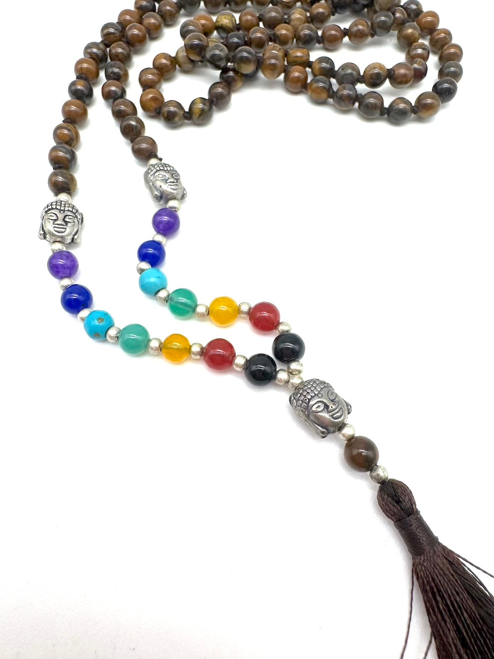 Mala de minerales naturales OJO DE TIGRE y piedras 7 chakras con cabeza de Buda
