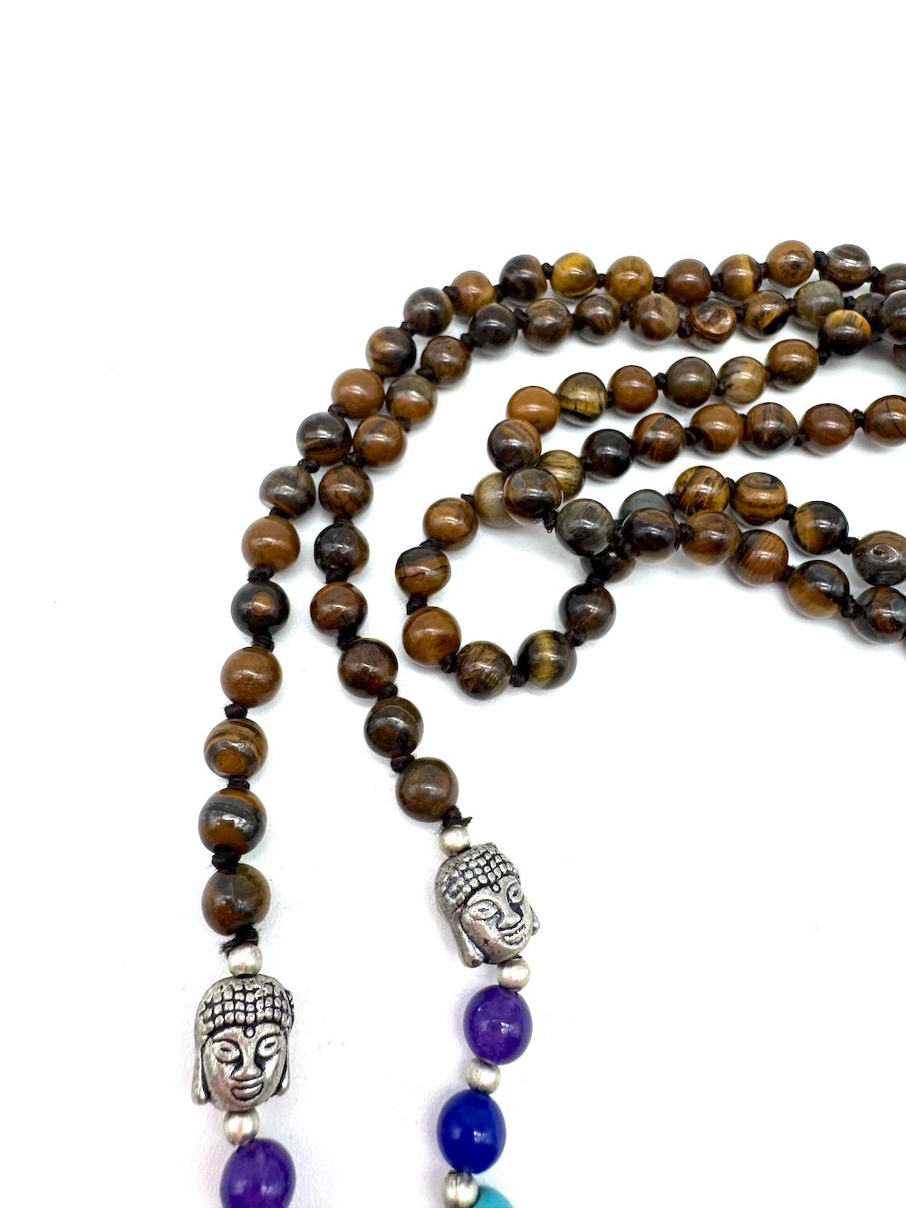 Mala de minerales naturales OJO DE TIGRE y piedras 7 chakras con cabeza de Buda