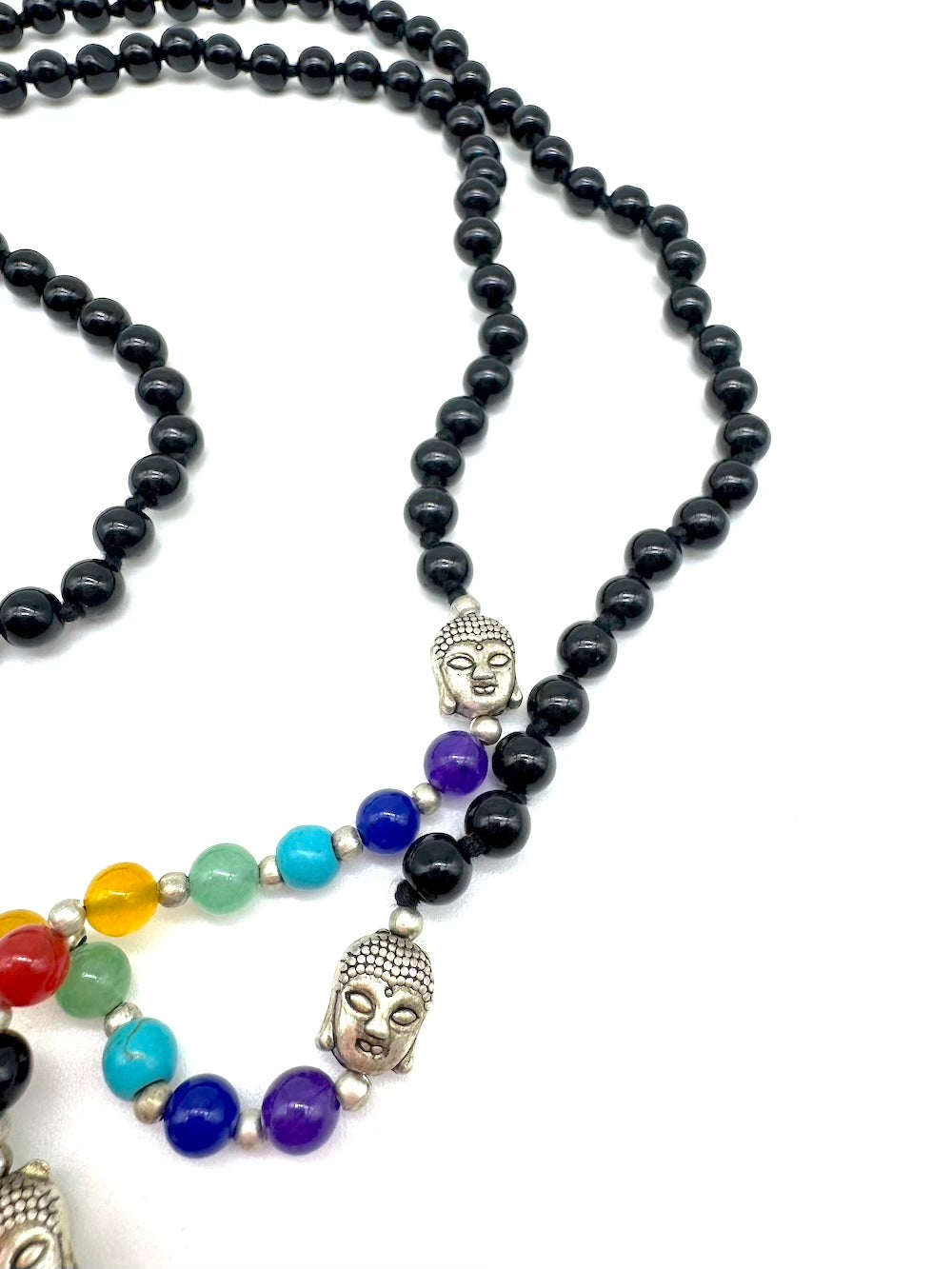 Mala de minerales naturales ÓNIX NEGRO y piedras 7 chakras con cabeza de Buda