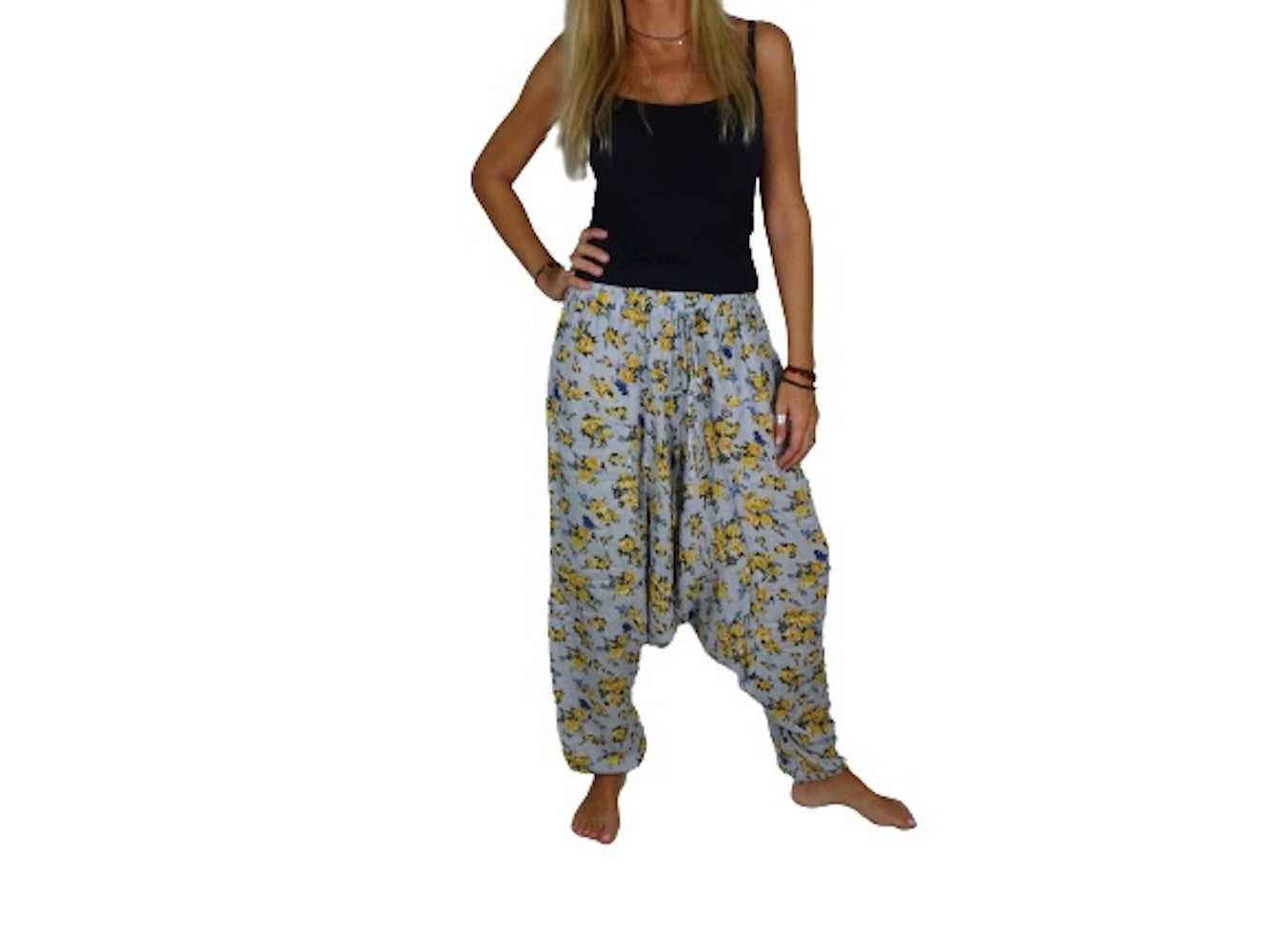 Pantalón afgano indio azul claro con flores amarillas
