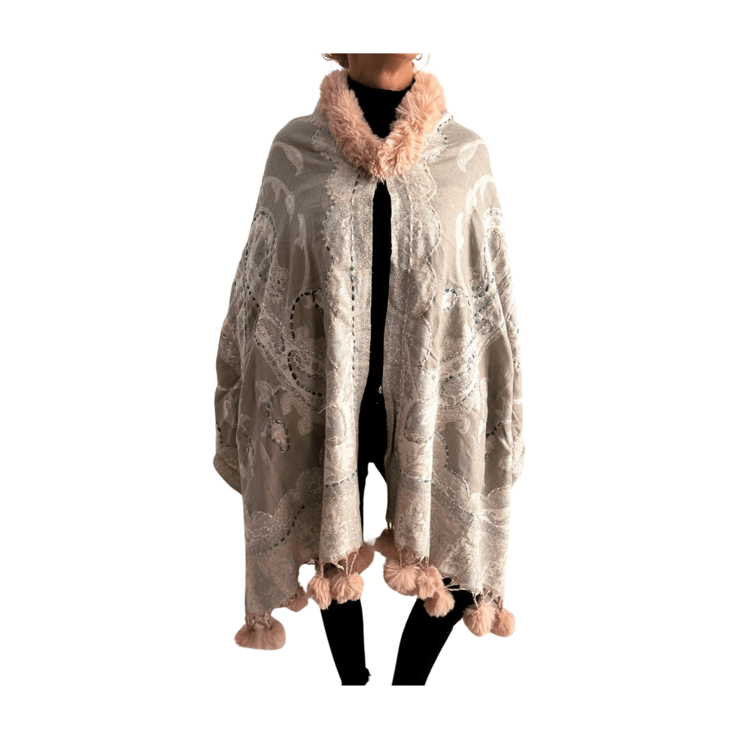 Pashmina de lana bordada con borlas y cuello de pelito-Modelo C