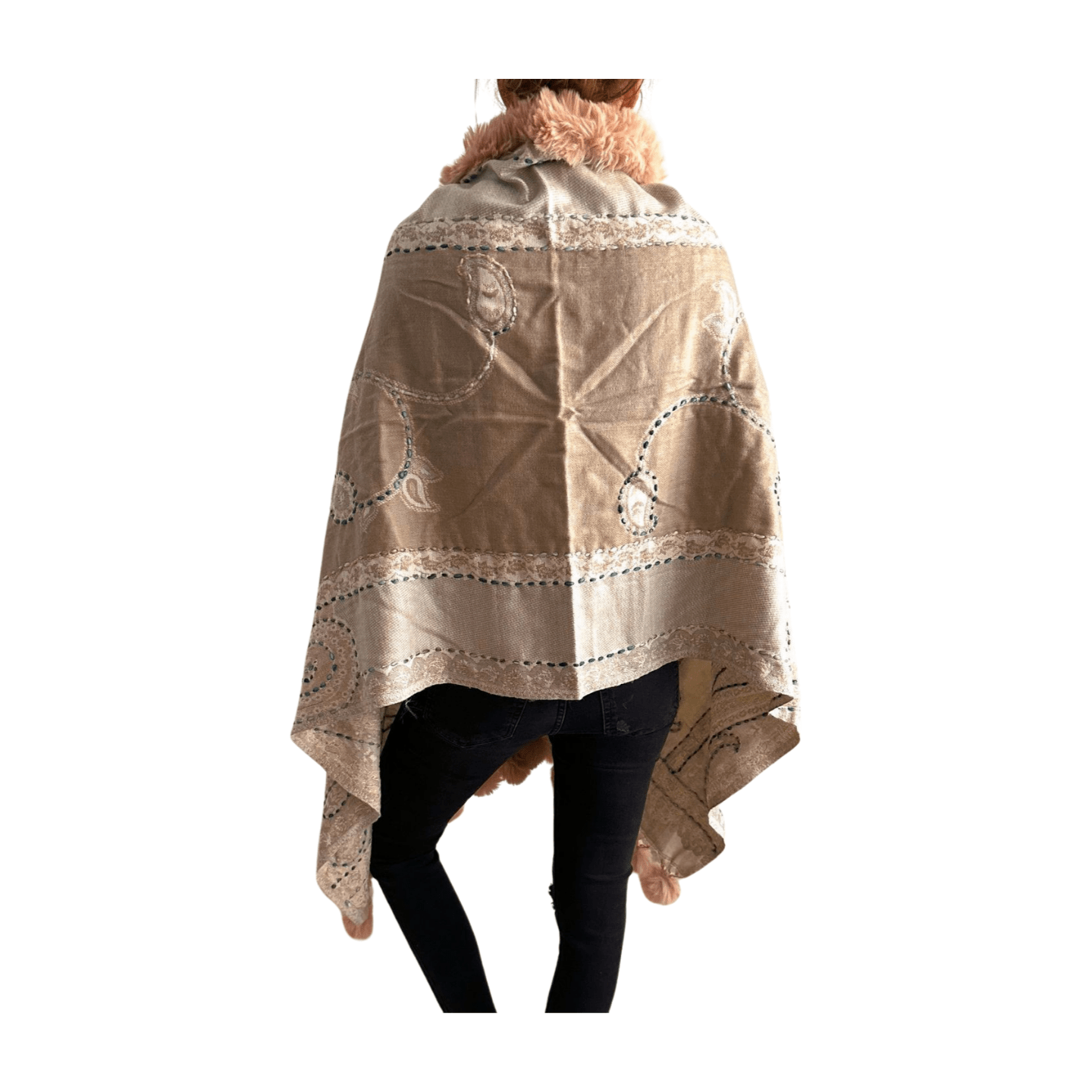Pashmina de lana bordada con borlas y cuello de pelito-Modelo E