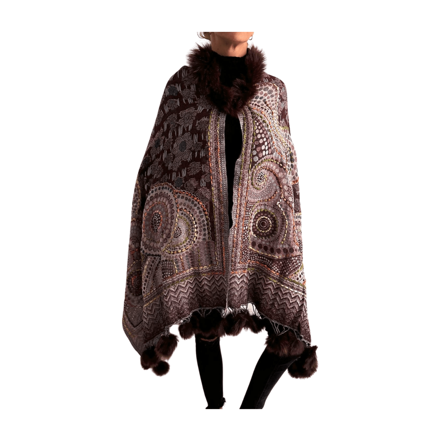Pashmina de lana bordada con borlas y cuello de pelito-modelo I