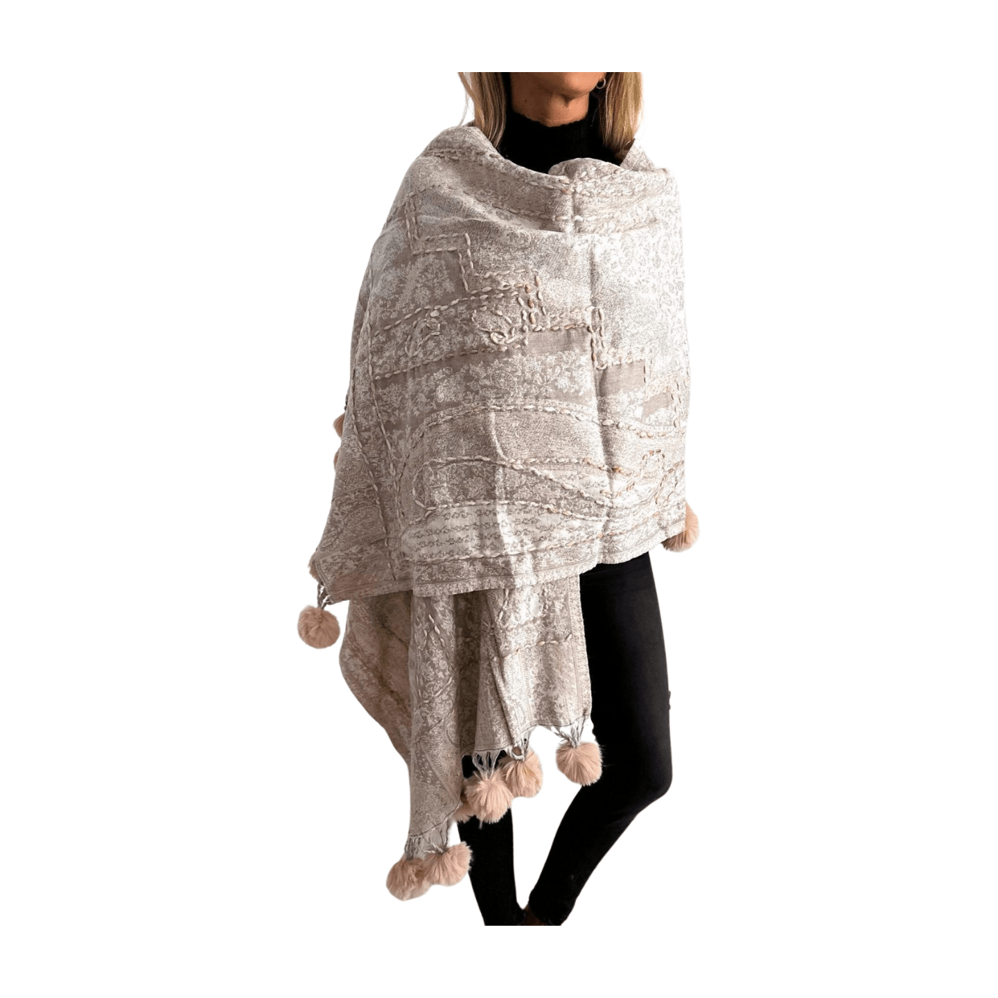 Pashmina de lana bordada con borlas y cuello de pelito-Modelo K