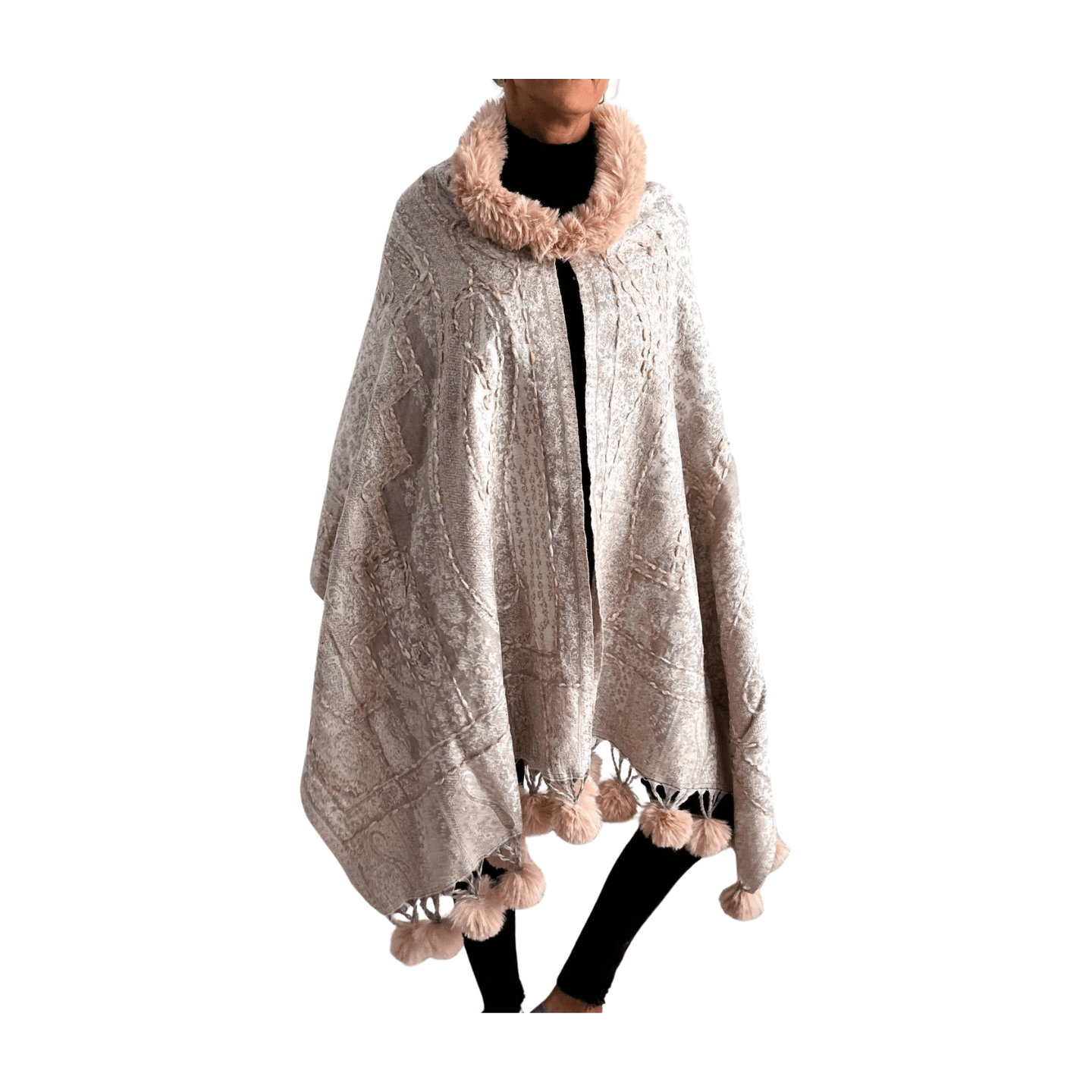 Pashmina de lana bordada con borlas y cuello de pelito-Modelo K