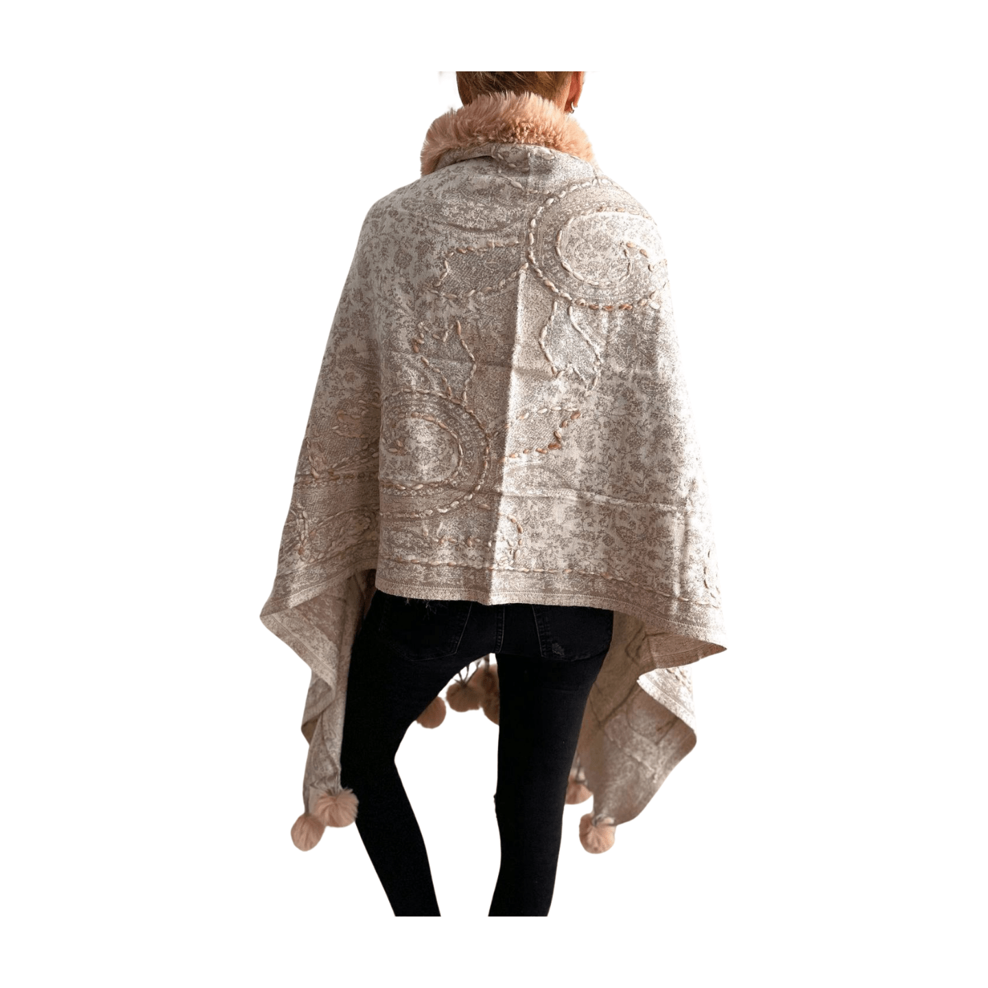 Pashmina de lana bordada con borlas y cuello de pelito-Modelo K