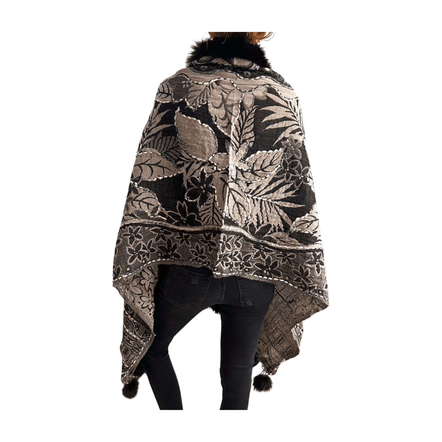 Pashmina de lana bordada con borlas y cuello de pelito-Modelo G