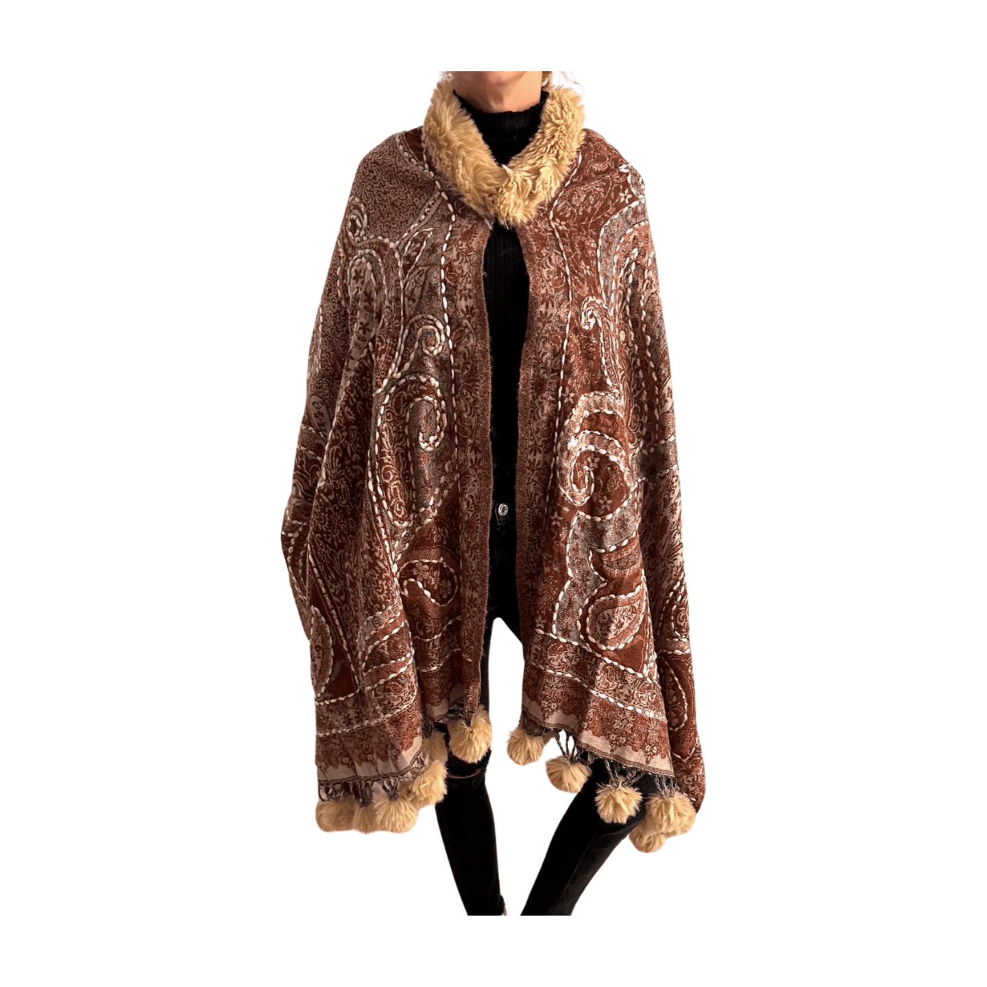 Pashmina de lana bordada con borlas y cuello de pelito-Modelo J