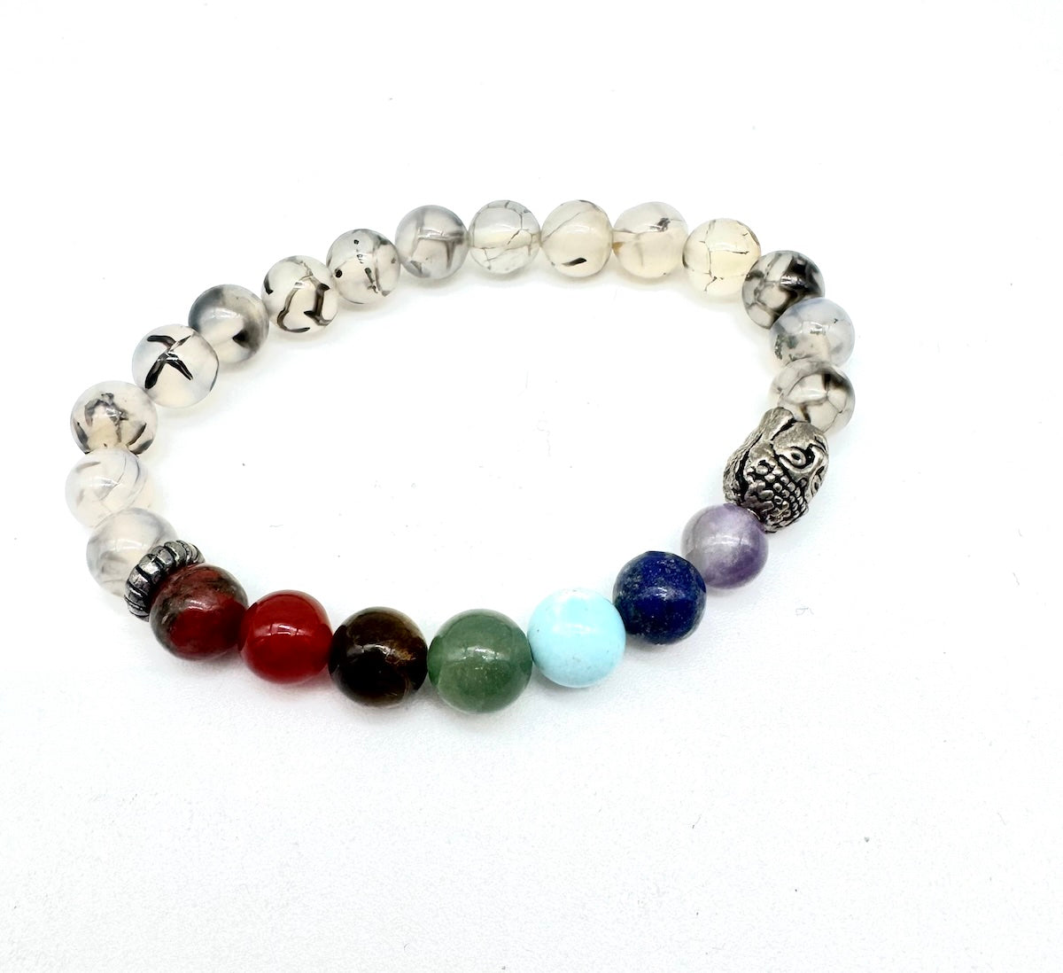 Pulsera elástica de minerales ÓPALO CON TURMALINA NEGRA, 7 chakras y cabeza de Buda