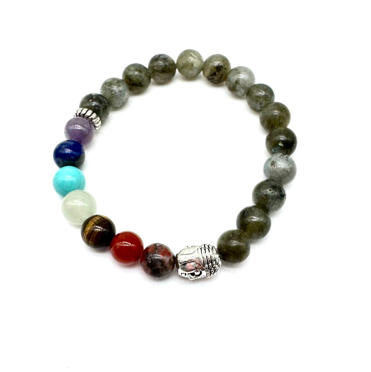 Pulsera elástica de minerales LABRADORITA con minerales 7 chakras y cabeza Buda