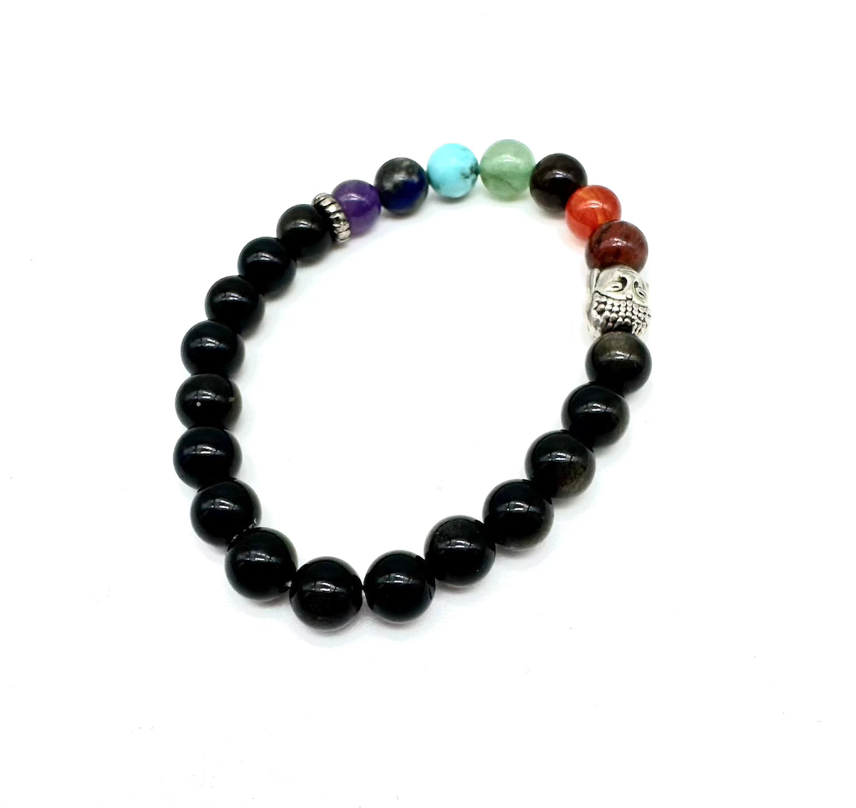 Pulsera elástica de minerales OBSIDIANA NEGRA, minerales 7 chakras y cabeza de Buda