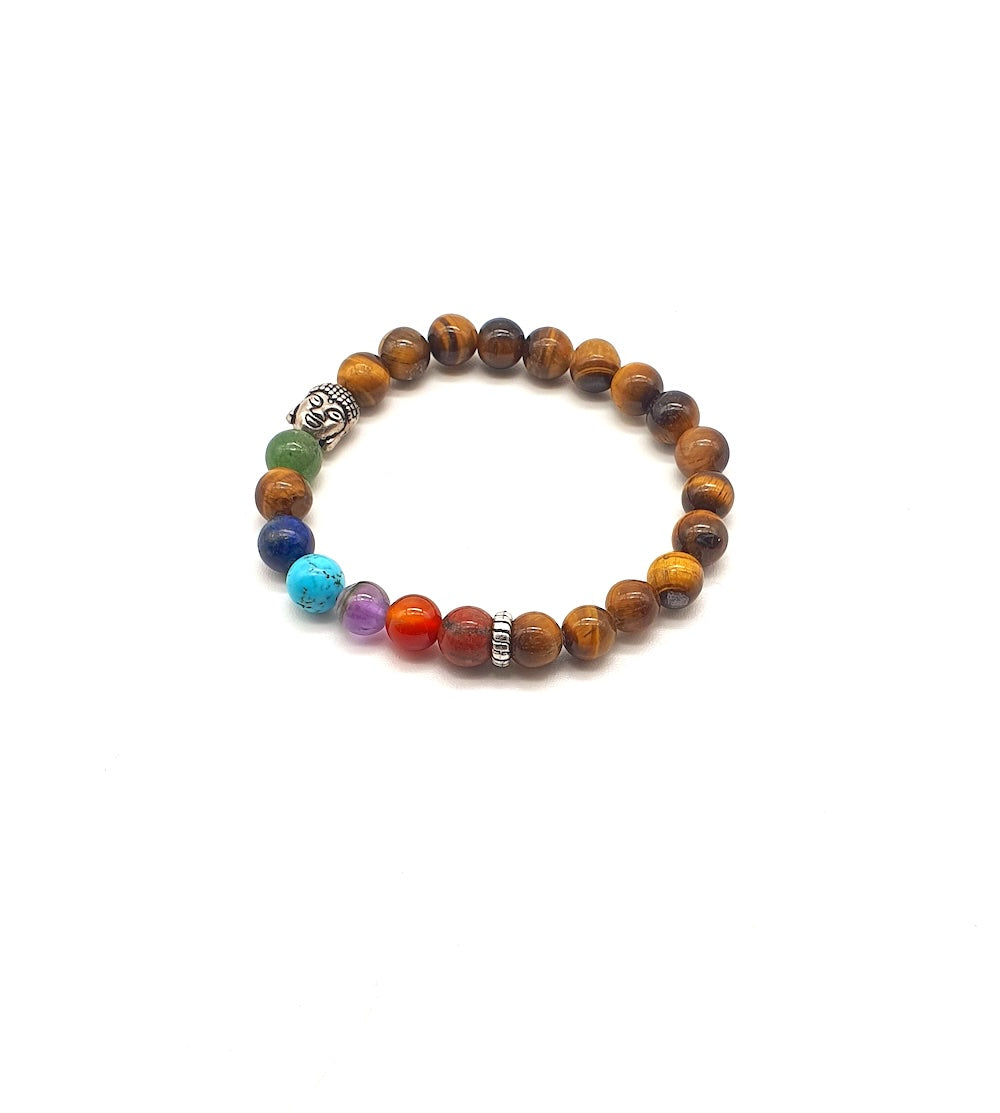 Pulsera elástica de minerales OJO TIGRE y 7 Chakras