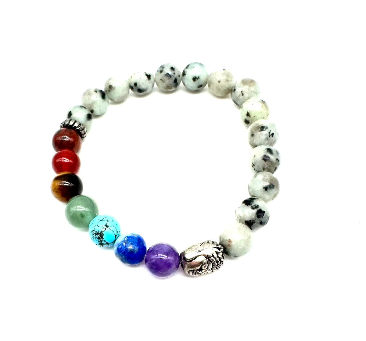 Pulsera elástica de minerales PIEDRA LUNA con TURMALINA con 7 chakras y cabeza de Buda