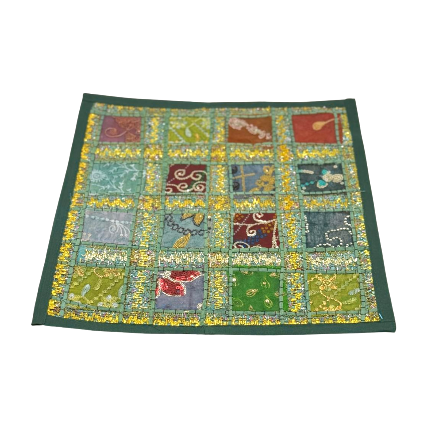 Funda de cojín étnico indio bordado patchwork VERDE BOTELLA
