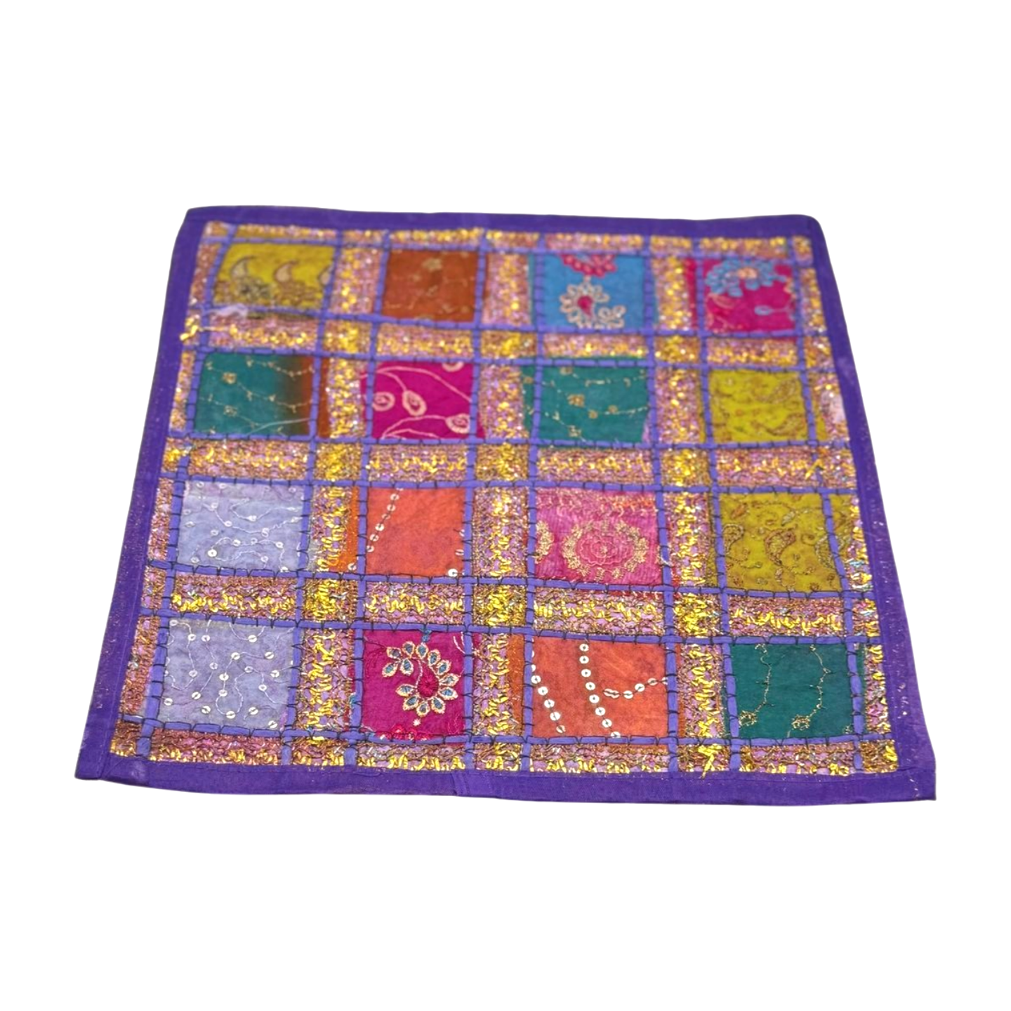 Funda de cojín étnico indio bordado patchwork MORADO