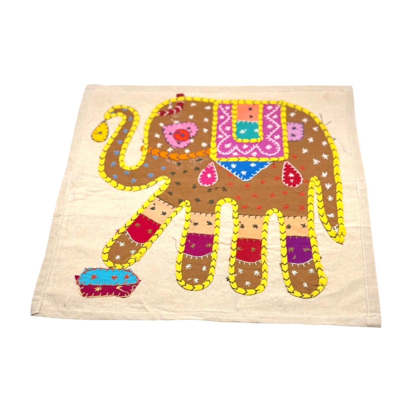 Funda de cojín étnico indio con elefante de patchwork