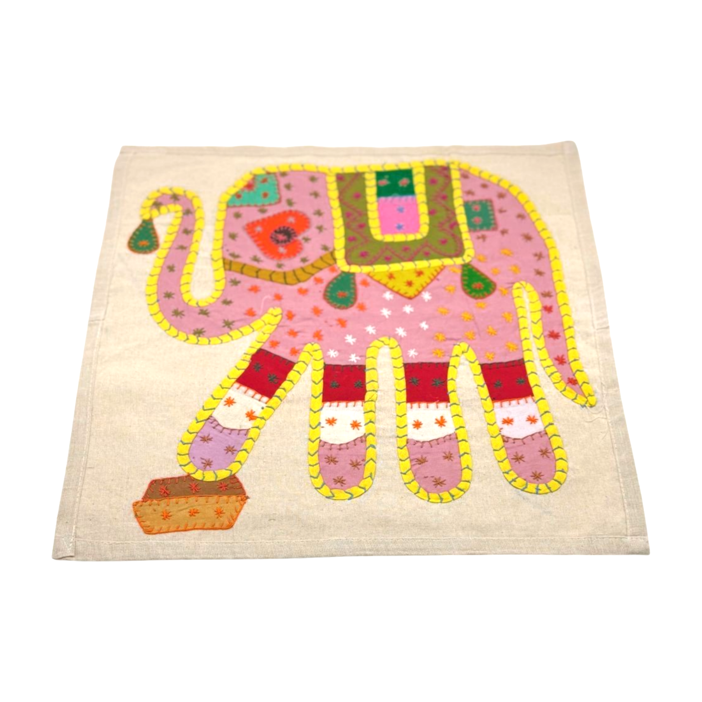 Funda de cojín étnico indio con elefante de patchwork