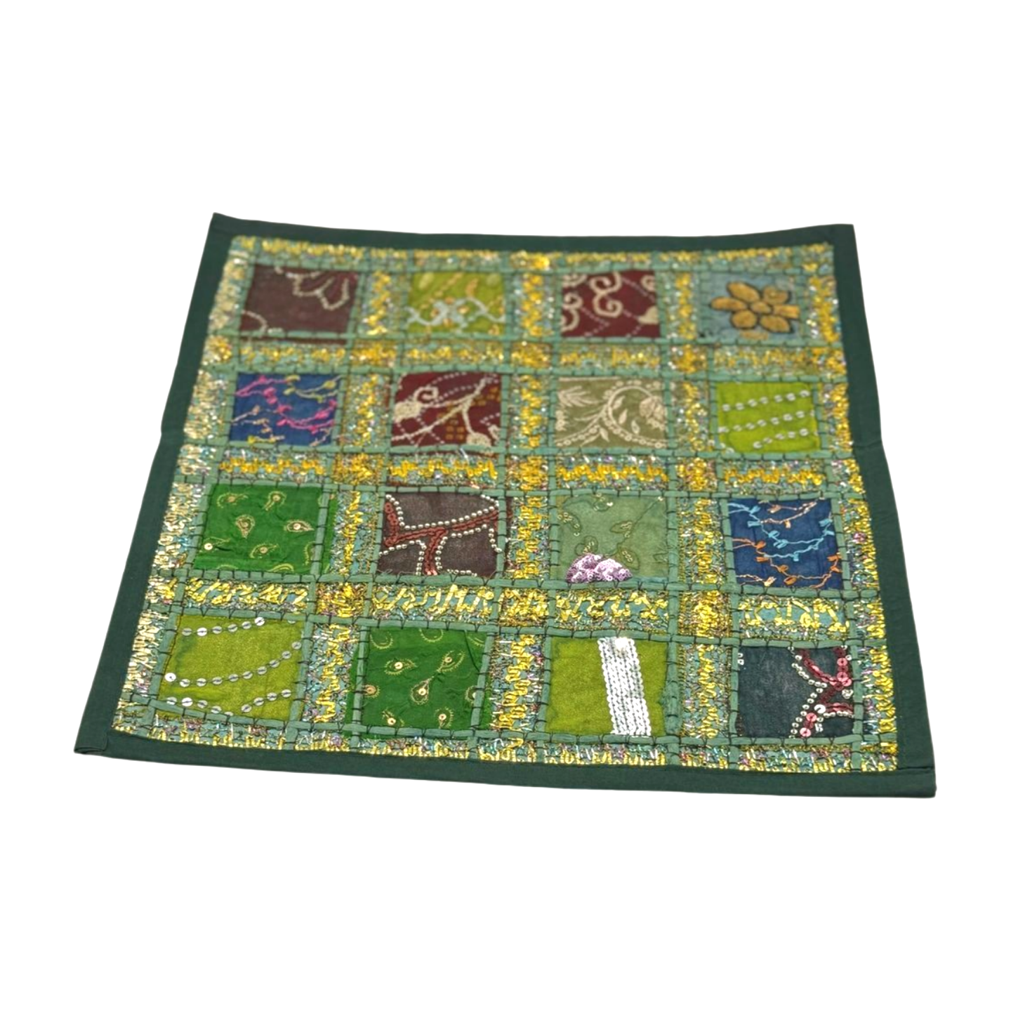 Funda de cojín étnico indio bordado patchwork VERDE BOTELLA