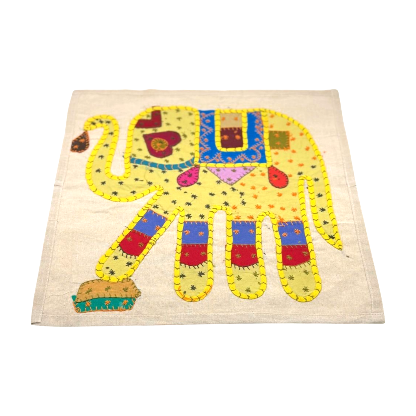 Funda de cojín étnico indio con elefante de patchwork