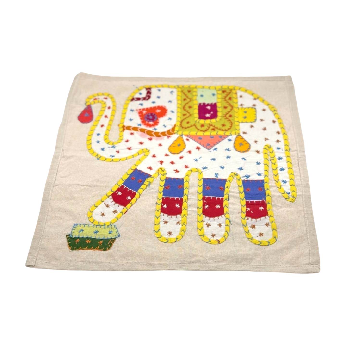 Funda de cojín étnico indio con elefante de patchwork