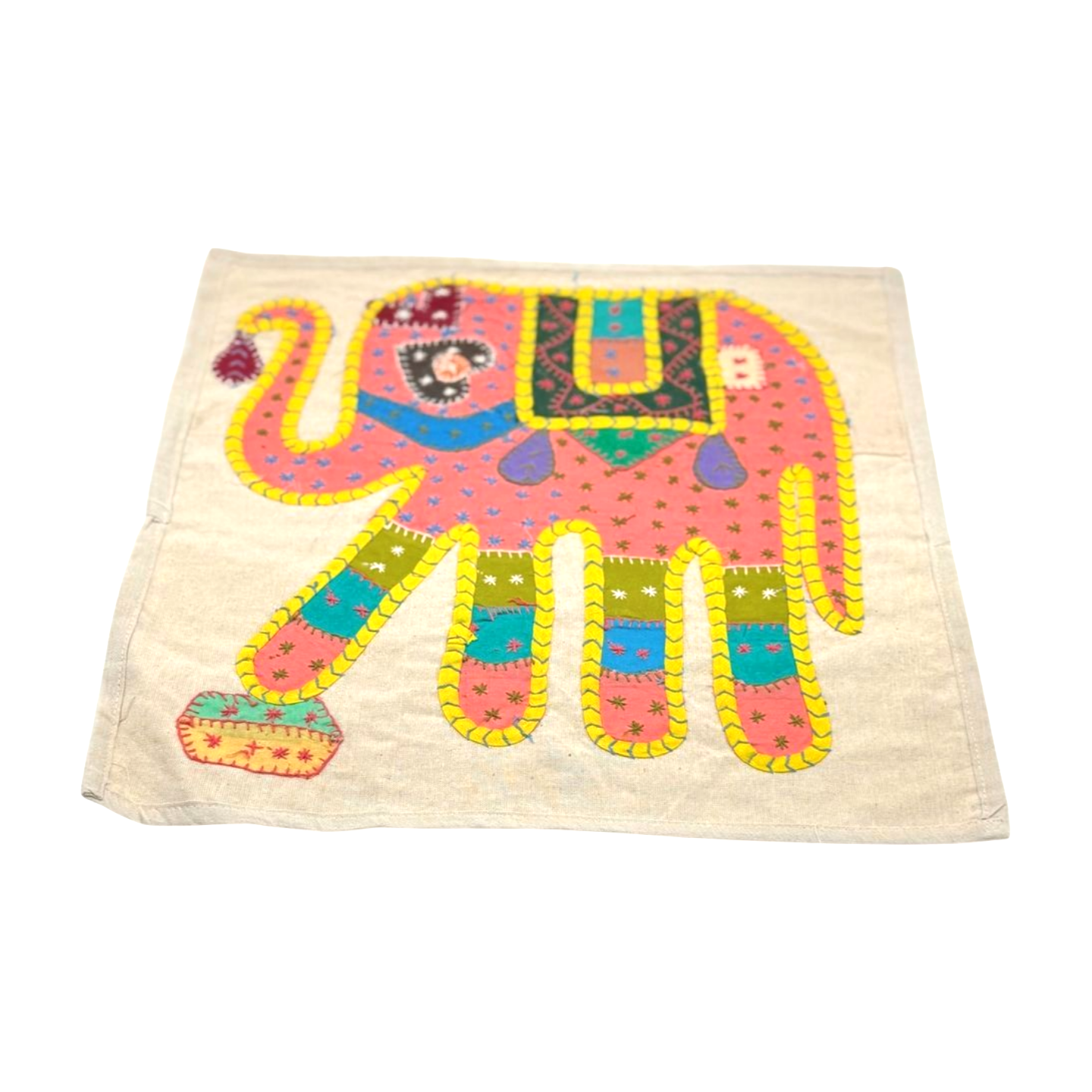 Funda de cojín étnico indio con elefante de patchwork